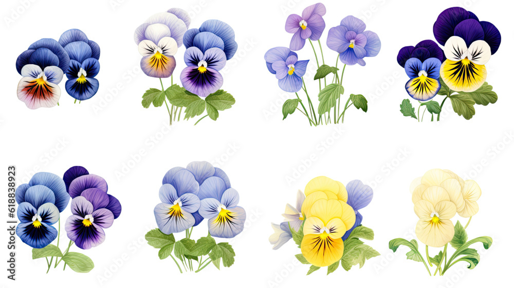 Fototapeta premium collection of pansies flowers isolated on a transparent background, generative ai