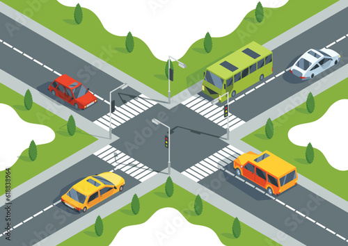 City crossroad isometric view with road markings, traffic lights pedestrian zebra crossing and cars. Urban traffic map with transport, vector graphic design elements