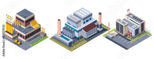 Collection of factory isometric. Architecture of manufactures building. Concept of industrial working plants with chimney tower or pipes. 3d isolated icons set