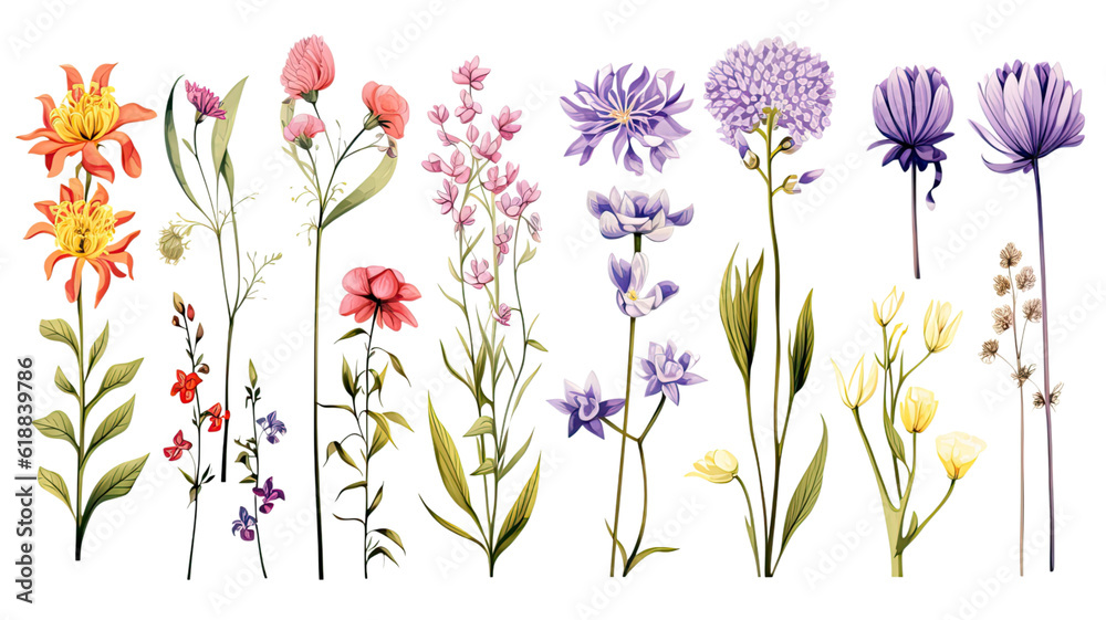 collection of hand drawn spring flowers isolated on a transparent background, generative ai