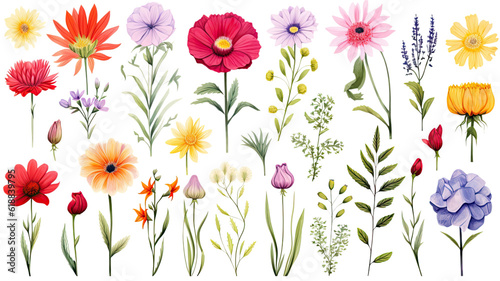 collection of hand drawn summer flowers isolated on a transparent background, generative ai