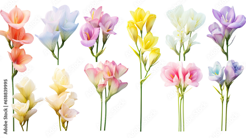 collection of soft pastel freesia flowers isolated on a transparent background, generative ai