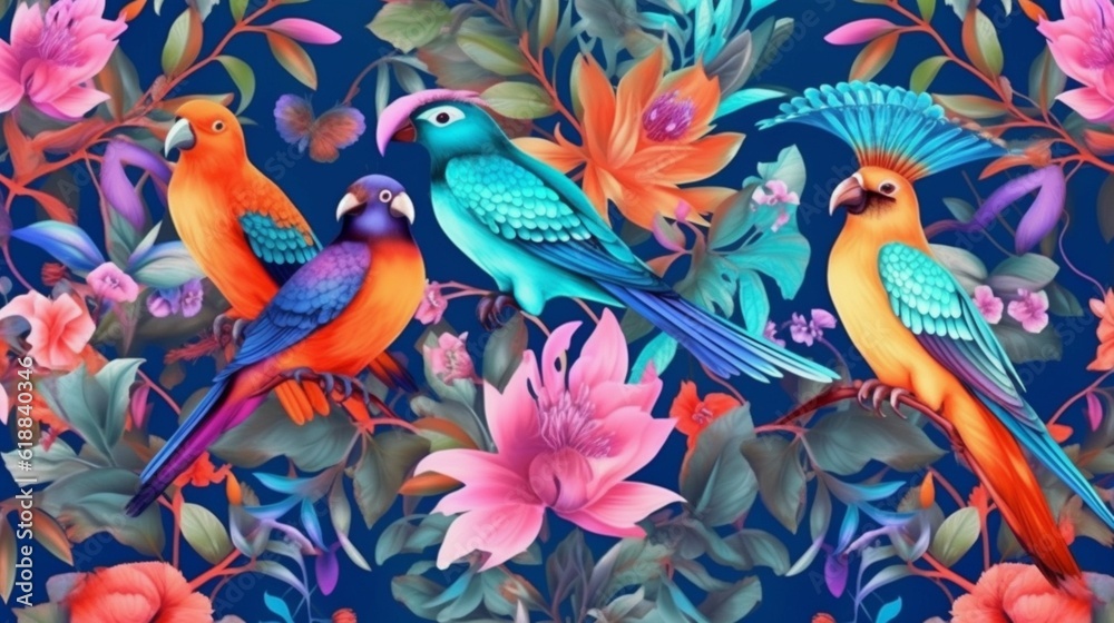 Exotic oriental pattern with birds and flowers in brig.Generative AI Exotic oriental pattern with birds and flowers in brig.Generative AI