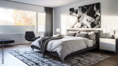 Bedroom decor, home interior design . Modern Contemporary style with Oversized Artwork decorated with Glass and Metal material . Generative AI AIG26. photo