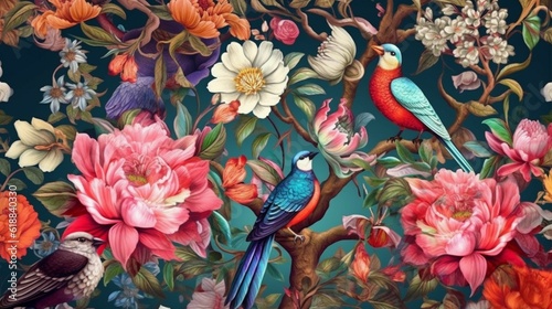 Exotic oriental pattern with birds and flowers in brig.Generative AI