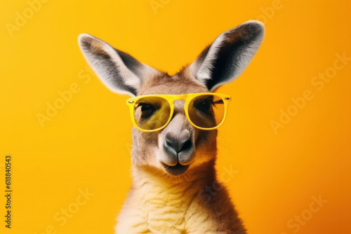 Posing with confidence, kangaroo adds a trendy touch to its marsupial charm, wearing sunglasses and scarf with flair. AI Generative. © sorapop
