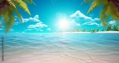 Summer landscape of a tropical island. Palm tree branches create shade on the sandy beach while the sun shines and turquoise waters glisten. Created with Generative AI technology