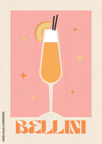Poster drink. Cocktail art. Bellini. Retro posters with alcohol cocktails. 90s 80s 70s groovy posters. Modern trendy print. Drink with fruit and ice.