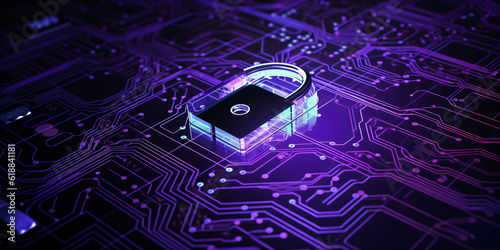 Cyber security concept. Padlock on circuit board background neon purple created with AI 