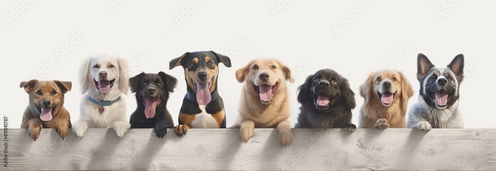 Smiling cute dogs of different breeds peek out from behind a wooden fence. Banner with animals. 