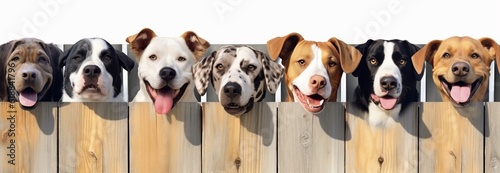 Smiling cute dogs of different breeds peek out from behind a wooden fence. Banner with animals. Generative AI 