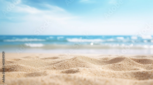 Close up of sand on the beach with blue sky and sea background. Tourism travel concept. Summer background concept. Concept of copy space for text or product mockup.