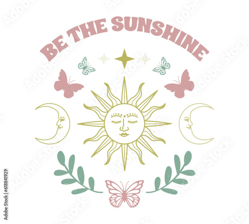 Decorative slogan with celestial elements and butterflies, vector for fashion, card, shirt and wall art prints