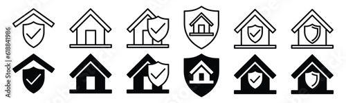 House insurance icon set. Home or Real estate and shield protection icon symbol in line and flat style on white background with editable stroke for apps and websites. Vector illustration