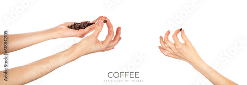 Coffee beans in female hands isolated on white background.