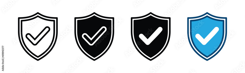 Security shield icons set. Secure icon. Shield protection with check mark symbol in line and flat style on white background with editable stroke for apps and websites. Vector illustration Security shield icons set. Secure icon. Shield protection with check mark symbol in line and flat style on white background with editable stroke for apps and websites. Vector illustration