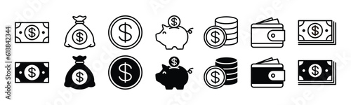 Money icons vector in line and flat style. Finance icons. Moneybag or stash, coin, piggy bank, wallet, dollar icon symbol on white background for apps and websites. Vector illustration