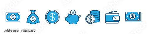 Money icons vector in color style. Finance icons. Moneybag or stash, coin, piggy bank, wallet, dollar icon symbol on white background for apps and websites. Vector illustration