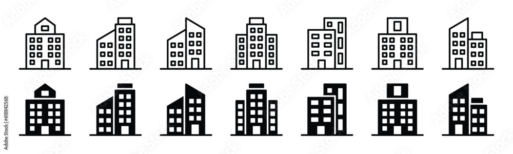 Building icon set in line and flat style. Real estate, skyscrapers, commercial property icon symbol on white background with editable stroke. Vector illustration