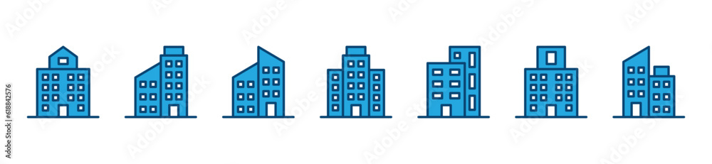 Building icon set. Real estate, skyscrapers, commercial property icon symbol on white background with editable stroke. Vector illustration