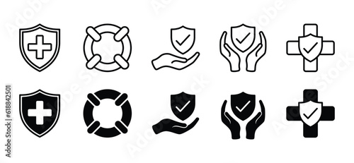Safety insurance icons set in line and flat style. Health protection, tire floating, hand holding shield with check mark or tick symbol. Vector illustration