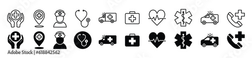 Medical care thin line and flat style icons. Health care, map pin, nurse, stethoscope, ambulance, medicine bag, heartbeat, pharmacy, hospital phone icon symbol for app and website. Vector illustration