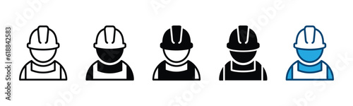 Construction worker icon set in line and flat style. Construction safety helmet and clothing icon symbol. Vector illustration
