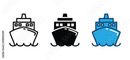 cruise ship icon front view in line and flat style. Yachts, Voyage icon symbol on white background. Vector illustration