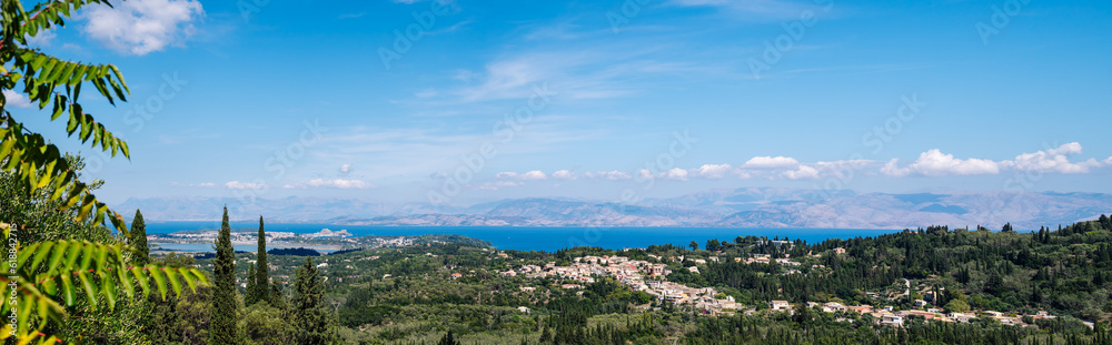 Panorama from the top of the mountain to the city of Kerkyra with the runway of the island of Corfu