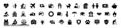 Insurance icons set in flat style. Insurance icon collection with editable stroke. Home, health, family, document, protection, money, agreement, business, safety, property, accident and other.