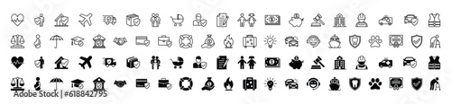 Insurance icons set in thin line and flat style. Insurance icon collection with editable stroke. Home, health, family, document, money, agreement, business, safety, property, accident and other.