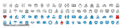 Insurance icons set in thin line and colors style. Insurance icon collection with editable stroke. Home, health, family, document, money, agreement, business, safety, property, accident and other.