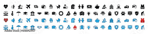 Insurance icons set in flat and colors style. Insurance icon collection with editable stroke. Home, health, family, document, money, agreement, business, safety, property, accident and other.