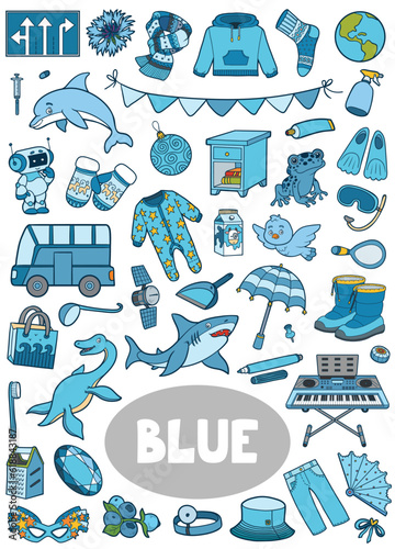 Set of blue color objects. Visual dictionary for children about the basic colors