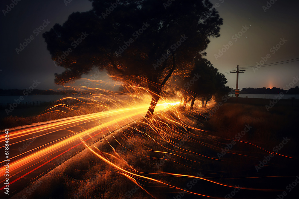 Light Trail Landscape. Generative AI.
A digital rendering of a landscape with a bright light trail along the traffic road. 