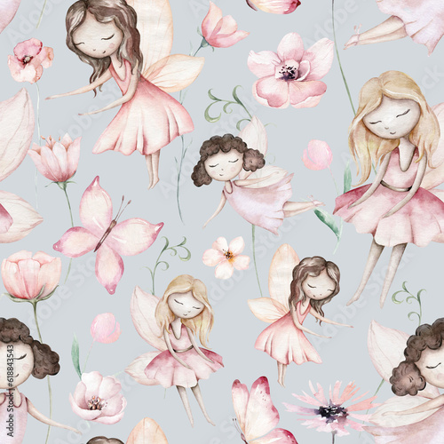 Fairy and Flowers watercolor seamless girls nursery pattern. Cartoon pink magic girl baby background. Faitytale textile art