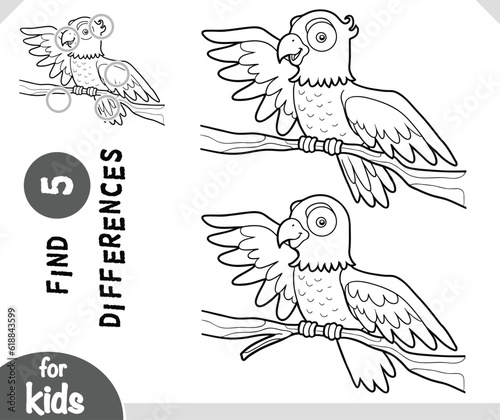 Cute cartoon Parrot bird, Find differences educational game for children