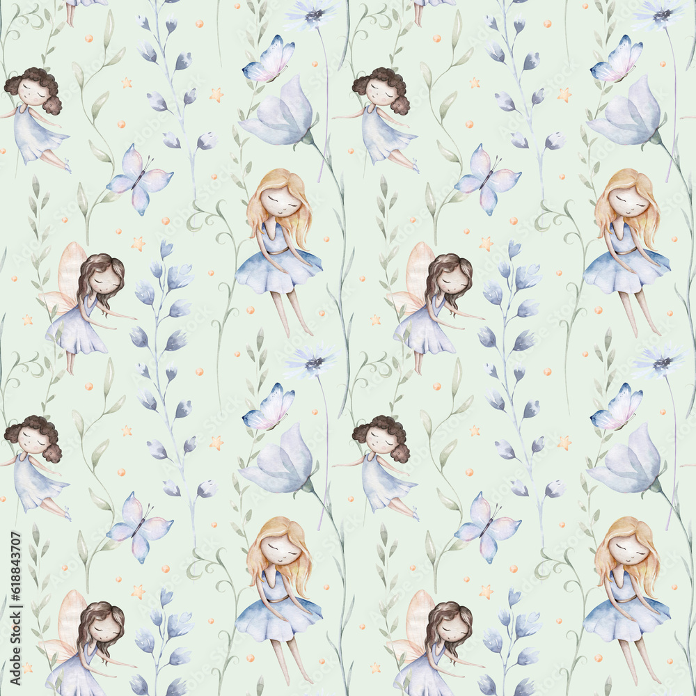 Fairy and Flowers watercolor seamless girls nursery pattern. Cartoon pink magic girl baby background. Faitytale textile art Fairy and Flowers watercolor seamless girls nursery pattern. Cartoon pink magic girl baby background. Faitytale textile art