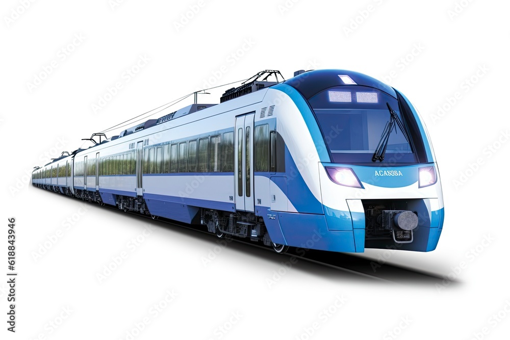 A blue and white train traveling down train tracks created with Generative AI technology A blue and white train traveling down train tracks created with Generative AI technology