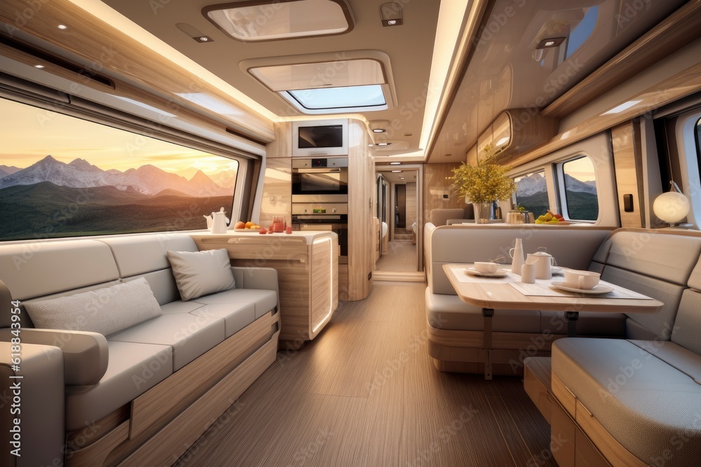 The interior of a auto camper with a table and couches created with Generative AI technology