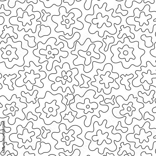 Vector seamless pattern of abstract flowers  buds. Linear blots  puddles of paint. Children s coloring  antistress.