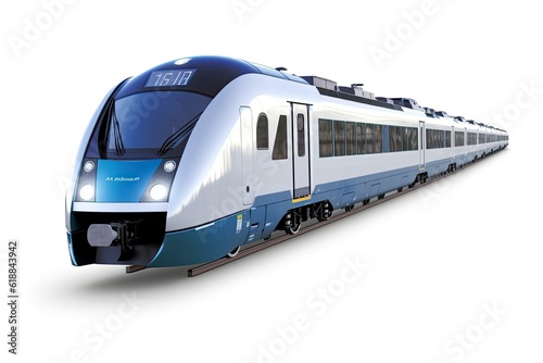 A blue and white train on a white background created with Generative AI technology