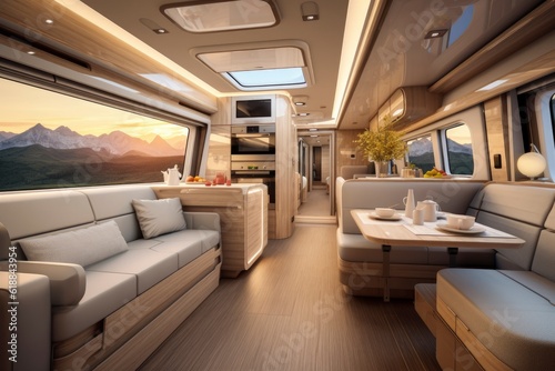 The interior of a auto camper with a table and couches created with Generative AI technology © Karlaage