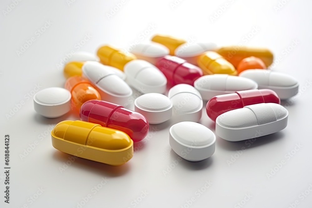 A pile of pills sitting on top of a white table created with Generative AI technology A pile of pills sitting on top of a white table created with Generative AI technology
