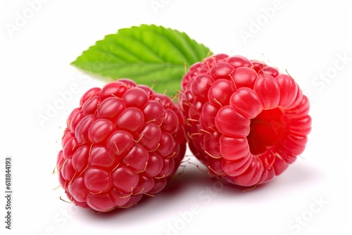 Two raspberries with green leaves on a white background created with Generative AI technology