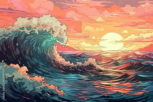 An illustrated depiction of comic-style waves and a setting sun, based on Katsushika Hokusai's The Great Wave off Kanagawa Fototapet