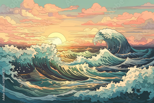 Fototapete A manga-inspired illustration featuring waves and a sunset sun, inspired by Katsushika Hokusai's The Great Wave off Kanagawa