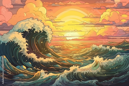 An illustration depicting manga-style waves and a sunset sun, inspired by Katsushika Hokusai's "The Great Wave off Kanagawa." Generative AI