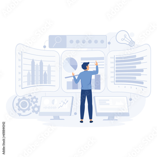 Business intelligence, businessman working with performance tools and software solutions, flat vector modern illustration 	