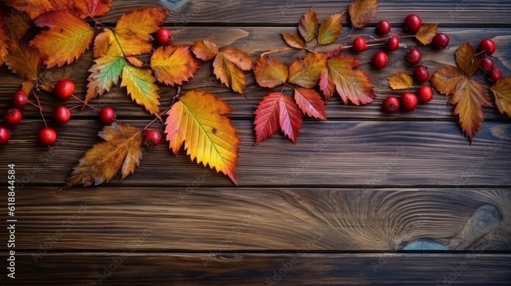 Autumn leaves and berries on wooden background. Top view with copy space. Generative AI.